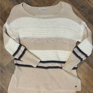 American Eagle Outfitters Beige and White Striped Sweater Cable Knit Size Medium